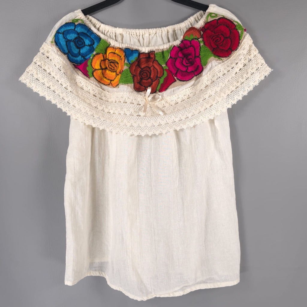 Handmade Mexican Embroidered On/Off Shoulder Crochet Ruffle Bohemian Top S/M